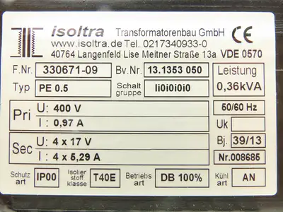 Isoltra Step-Down Power Transformer.45kVA Primary 400V Secondary 4x17V 1Ph