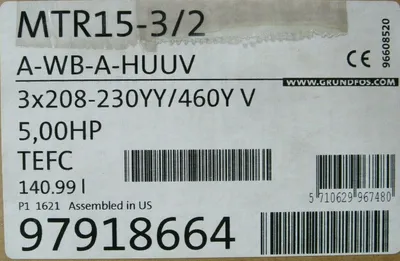 NEW GRUNDFOS MTR15-3/2 PUMP 5HP 97918664 MTR1532 A-WB-A-HUUV