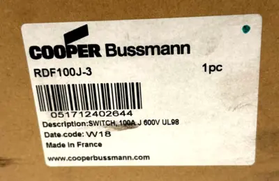 NEW BUSSMANN RDF100J-3 FUSIBLE DISCONNECT 100A 600V RDF100J3