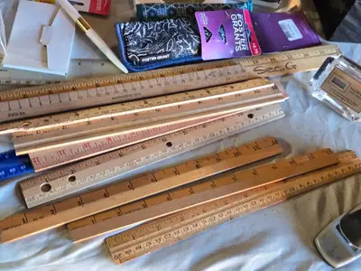 Office Supplies Lot including Storage Drawers, Rulers, and Desk Accessories