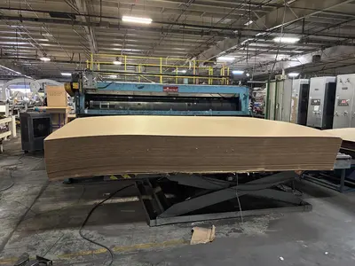 86" x 185" Universal 2 color Flexo Rotary Slotter, Sauer tooling, Sheet Stacker, Hydraulic platform lift