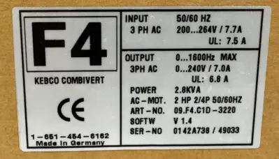 NEW KEB 09.F4.C1D-3220 COMBIVERT F4 DRIVE 200-264V 2HP 2/4P 09F4C1D3220