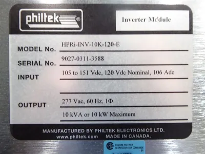 Philtek HPRi-INV-10K-120-E 10 kVA Output Intelligent Inverter Module Used