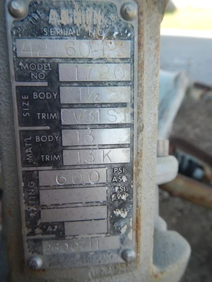 Annin 1 1/2" 600 Rating, 316 Stainless Control Valve