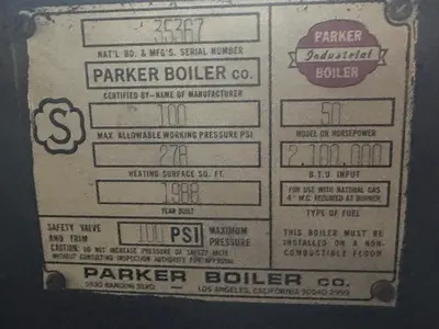 50 HP Parker Industrial Steam Boiler – 1988 Model 100 PSI