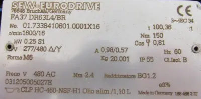 NEW SEW EURODRIVE FA37 DR63L4/BR GEARMOTOR 100.36 FA37DR63L4BR