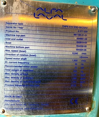 Alfa-Laval CHPX 510 SGD-35CGRX clarifier, 316SS.