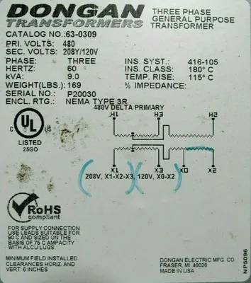 NEW DONGAN 63-0309 TRANSFORMER PRI.480V SEC.208/120V 9 KVA 630309