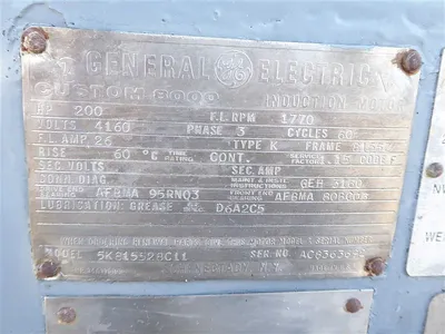 General Electric 200 HP Electric Motor Frame 8155Z 1800 RPM 4160 Volts Rebuilt