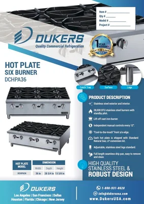 New | in-Stock Dukers New Dukers DCHPA36 Hot Plate with 6 Burners Hot Plates Illinois US | Falcon Restaurant Supply #1376247