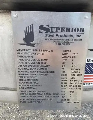 Used 2500 Gallon Superior Steel Jacketed Mixing Tank – Dual Turbine Agitation, 150 PSI Jacket (2017)