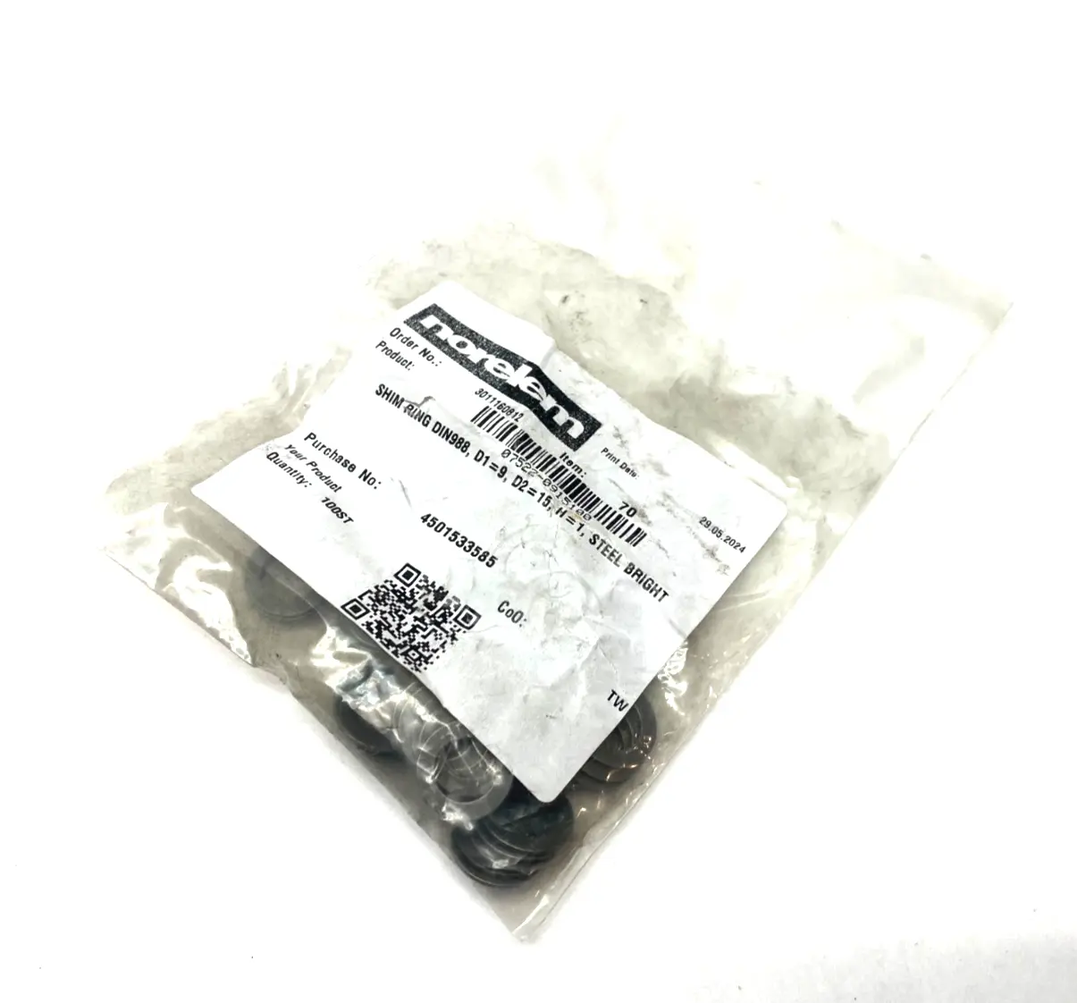 NEW NORELEM SHIM RING DIN988, D1=9, D2=15