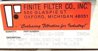 NEW FINITE FILTER CO. WH1J-6C10-025 COALESCING FILTER HOUSING WH1J6C10025