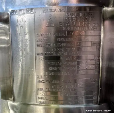 Used 27.2 Gallon Vertical 316L Stainless Steel Jacketed Freeze/Thaw Vessel