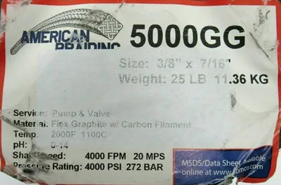 NEW AMERICAN BRAIDING 5000GG PUMP VALVE PACKING 3/8"x7/16" 25LB
