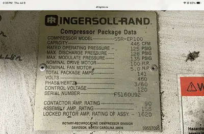 Used 1992 INGERSOLL RAND SSREP100 Rotary Screw & Sliding Vane Air Compressors Ohio US | HGR 24 #1305133