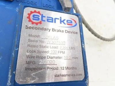 Starke S2KLAS Overspeed Secondary Brake Device 2204lb 100FPM Scaffold Protection