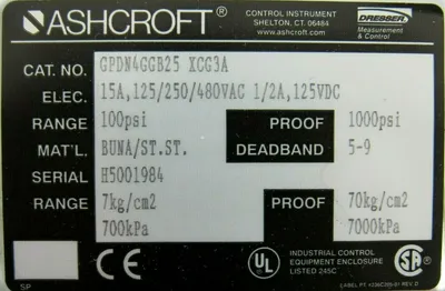 NEW ASHCROFT GPDN4GGB25-XCG3A PRESSURE SWITCH 100PSI GPDN4GGB25XCG3A