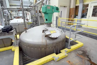 Mason Steel Tank, Approximately 2,500 Gallons, Stainless Steel, Vertical.