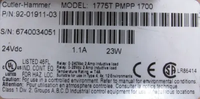 USED CUTLER HAMMER 1775T-PMPP-1700 PANELMATE 92-01911-03 87-02008-01