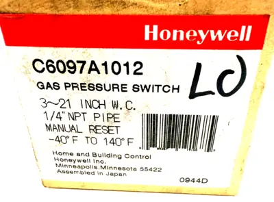 NEW HONEYWELL C6097A1012 GAS PRESSURE SWITCH 1/4"NPT PIPE