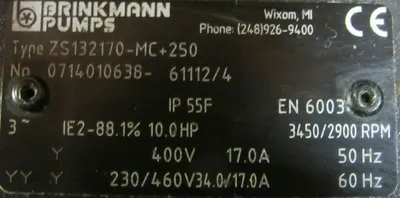 NEW BRINKMANN ZS132170-MC+250 PUMP 10HP 230/460V ZS132170MC250