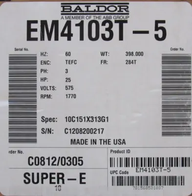 NEW BALDOR EM4103T-5 MOTOR 25HP 575V 284T 1-7/8" 1770RPM EM4103T5