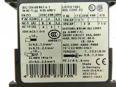Siemens 3RT1016-1BB41 Motor Starter Contactor 600VAC 7.5Hp 24VDC Coil Lot Of 2