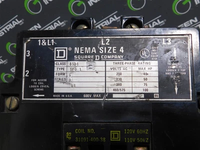 Square D 8536 SF01 Contactor NEMA Size 4 Form S Ser. A 460/575VAC @ 100HP Used