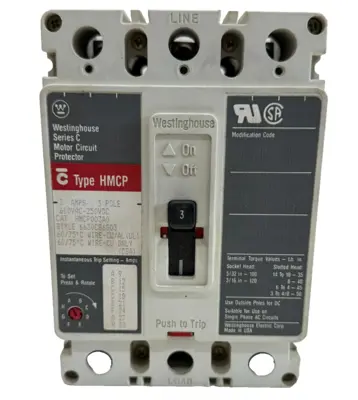 NEW WESTINGHOUSE HMCP003A0 CIRCUIT BREAKER 600VAC 250VDC 3AMPS 3POLE