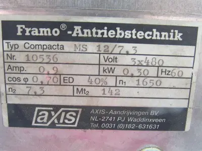 Framo MS 12/7.3 Gear Motor 3X480V 0.9A 7.3 Output RPM
