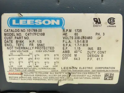Leeson Cone Drive C4T17FC B03 Gear Motor 1/3Hp 58rpm 230/460V 3PH LH 56C