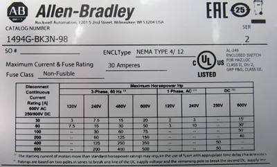 NEW ALLEN BRADLEY 1494G-BK3N-98 SAFETY SWITCH 30A 1494GBK3N98