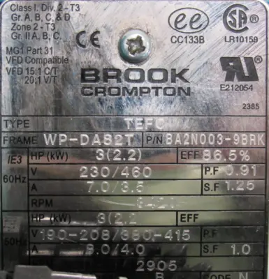 NEW BROOK CROMPTON BA2N003-9BRK MOTOR 3HP 230/460V WP-DA82T BA2N0039BRK