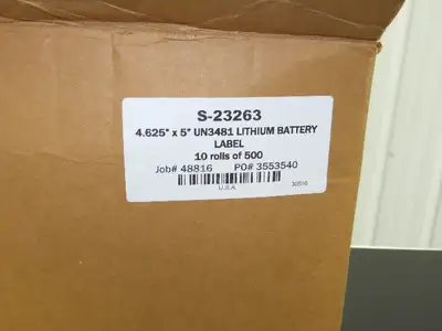 ULINE S-23263 UN-3481 Lithium Battery Handling Labels 4-5/8X5" 10 Rolls 5000ct