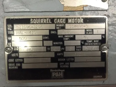 500 hp P&H Squirrel Cage Motor, New