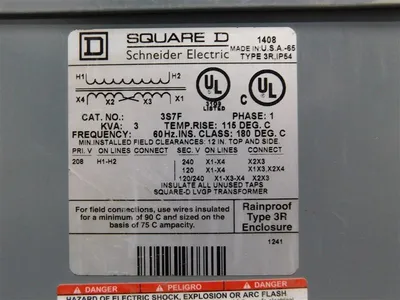 Square D 3S7F Transformer 3kVA Pri 208 Sec 120/240 1 Ph 60 Hz New
