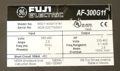FUJI ELECTRIC AF-300G11 VARIABLE SPEED DRIVE 1HP, 6KG1143001X1B1, AF300G11
