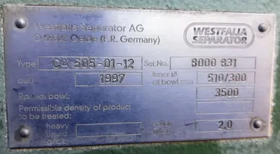 Westfalia CA 505-01-12 decanter centrifuge, missing parts.