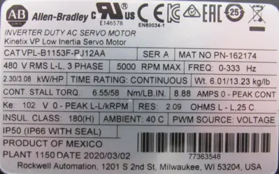 NEW ALLEN BRADLEY VPL-B1153F-PJ12AA SERVO MOTOR SER.A VPLB1153FPJ12AA