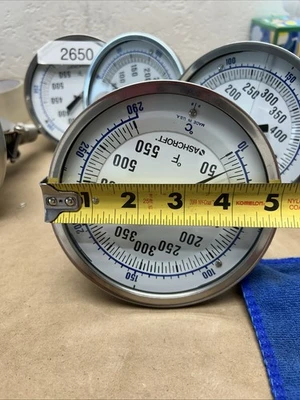 (5) ASHCROFT 5” BIMETAL THERMOMETER 3" STEM 50-550F 10-290C NNB * READ*