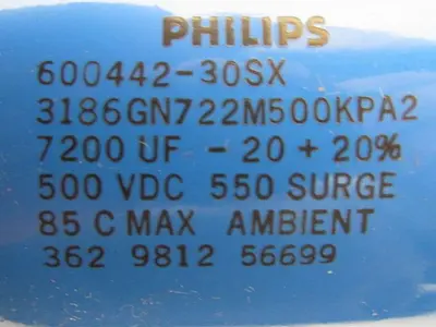 Phillips 60044230SX 3186GN722M500KPA2 Capacitor 7200UF -20+20% 500VDC 550 Surge