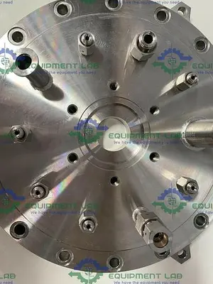 USED BUCHIGLASUTER 14" DIAMETER STAINLESS STEEL VESSEL CAP W/ MULTIPLE PORTS 150 PSI @ 250°C