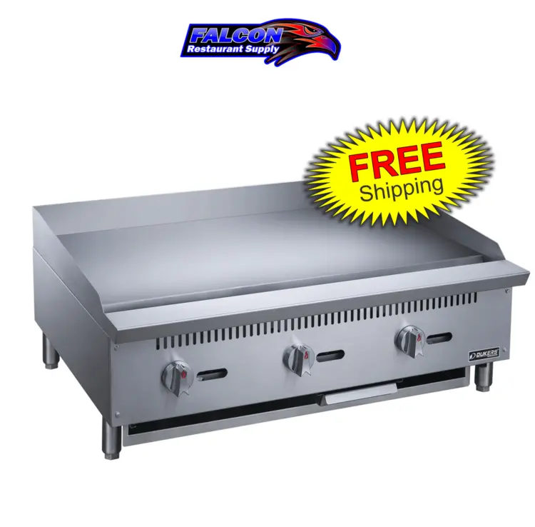 New | in-Stock Dukers New Dukers DCGM36 36 in. W Flat Top Griddle with 3 Burners Commercial Flat Top Griddles Illinois US | Falcon Restaurant Supply #1376249