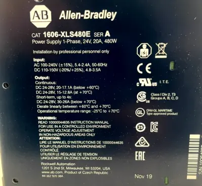 ALLEN BRADLEY 1606-XLS480E POWER SUPPLY SER. A 1606XLS480E NEW, SURPLUS