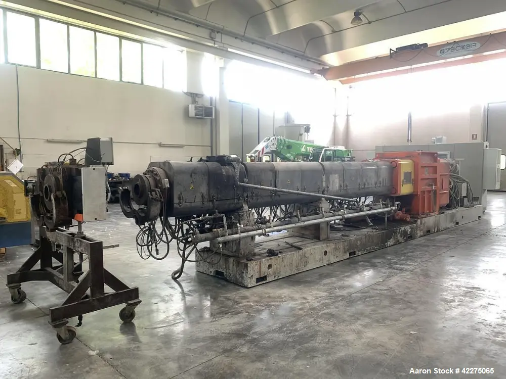 Used ICMA San Giorgio 140mm Twin Screw Extruder | 36:1 L/D | Co-Rotating | Segmented Screws | Screen Changer & Pelletizer