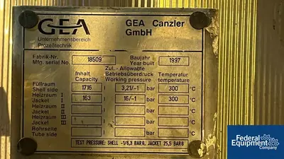 USED GEA 6.3 Sq Meter / 67 Sq Ft GEA Canzler Thin Film Evaporator, 904L S/S, 3.2/16 Bar