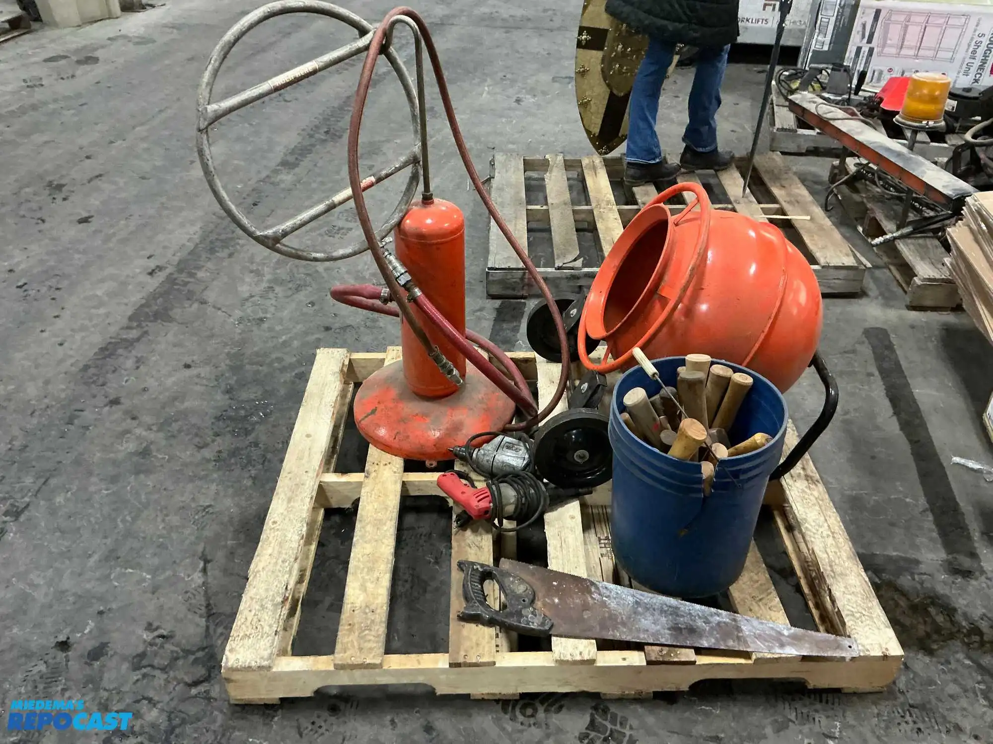 Skid Lot of Tools Including Hammer Handles, Skil Drill, Milwaukee Drill, Rocket Omega Bead...