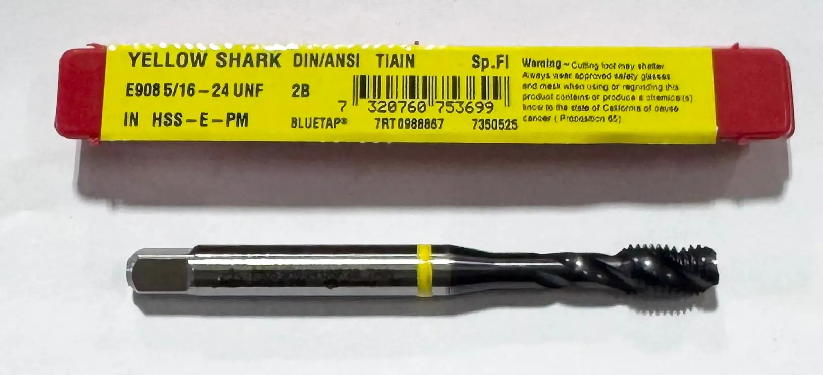 Dormer 5/16"-24 Cobalt Spiral Flute Tap, TiAlN, 3 Flute, H4 Yellow Ring