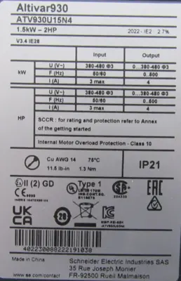 NEW SCHNEIDER ELECTRIC ATV930U15N4 ALTIVAR 930 DRIVE 2HP 088326